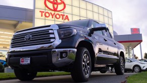 A white Toyota Tundra pickup truck is seen at a car dealership in San Jose, California.