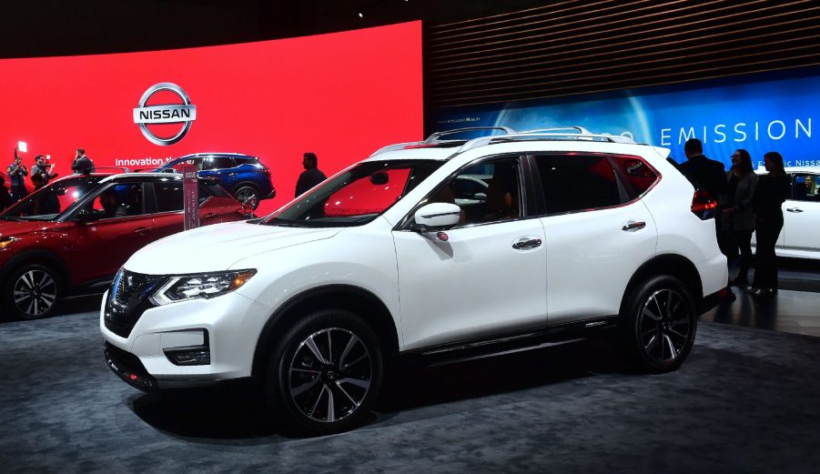 New models of the white Nissan Rogue on display in Los Angeles, California on November 29, 2018 at Automobility LA, formerly the LA Auto Show Press and Trade Days