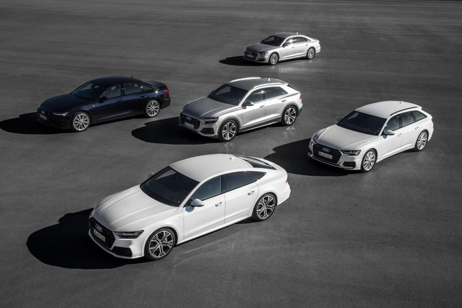 A fleet of 2021 Audi vehicles on display