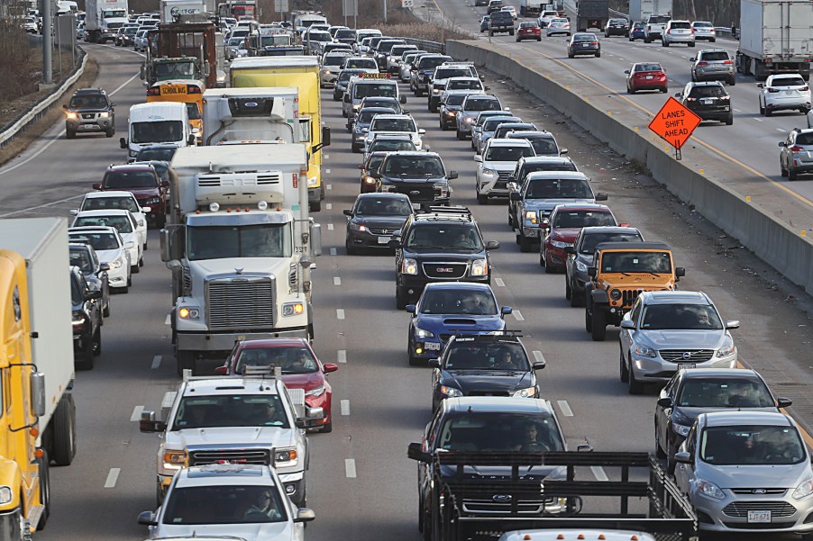 Driving anxiety can result from heavy traffic and car accidents, such as the one on this highway, Route 93 in Canton, Ohio, where a truck rolled over and the contents were spilled across the highway, causing a long traffic jam on December 7, 2020