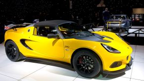 A yellow lotus elise cup 250 on display