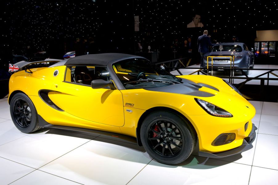 A yellow lotus elise cup 250 on display