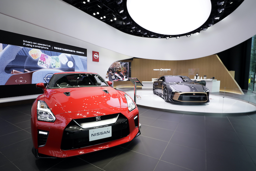 A red nissan gtr on display