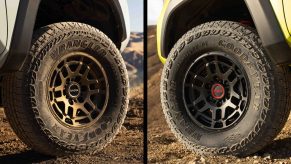 a split image of two different Toyota Tacoma wheels in the dirt