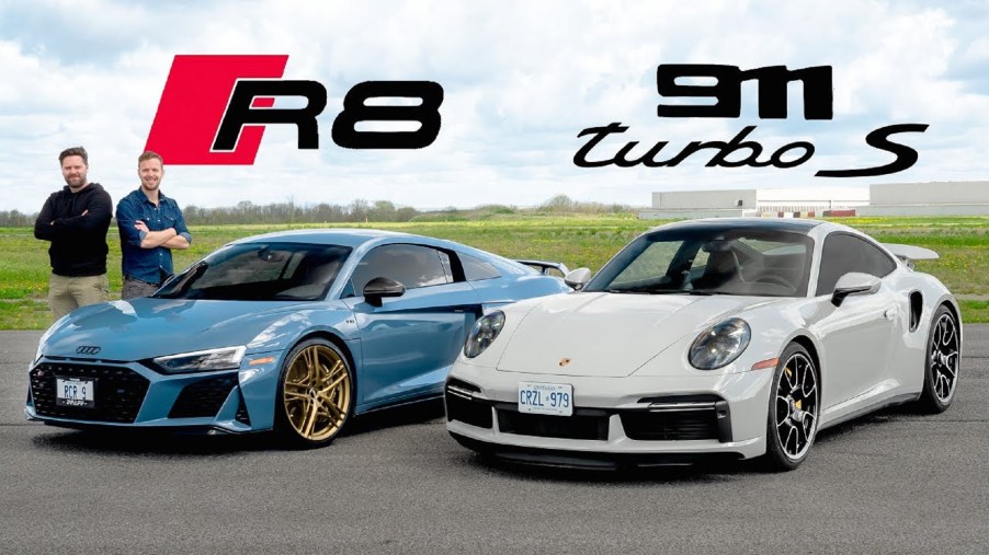 A blue-gray 2020 Audi R8 V10 Decennium next to a white 2021 Porsche 911 Turbo S