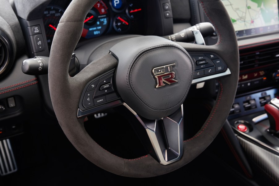 The steering wheel inside a 2020 Nissan GT-R NISMO supercar