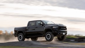 A Black 2021 Ram 1500 TRX on the trails