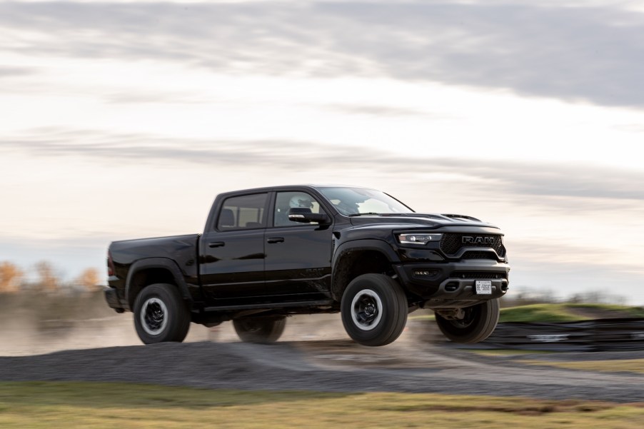 A Black 2021 Ram 1500 TRX on the trails