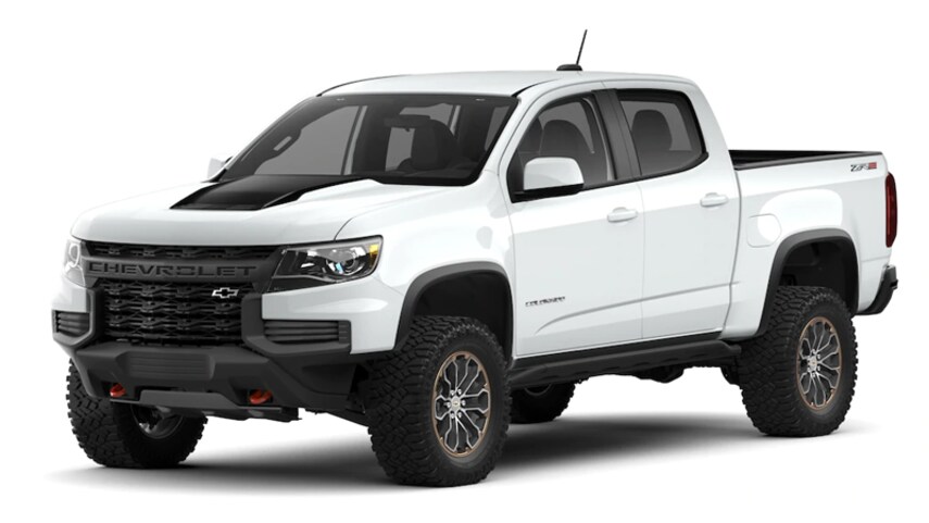 A white 2021 Chevy Colorado in front of a white background 