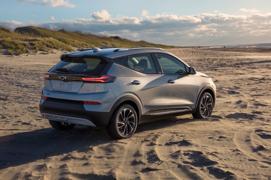 A silver 2022 Chevy Bolt EUV parked on a beach