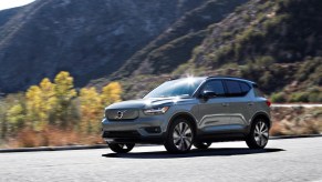 A Volvo driving in the mountains