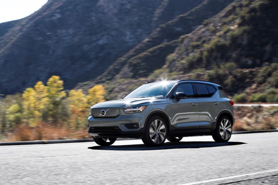 A Volvo driving in the mountains