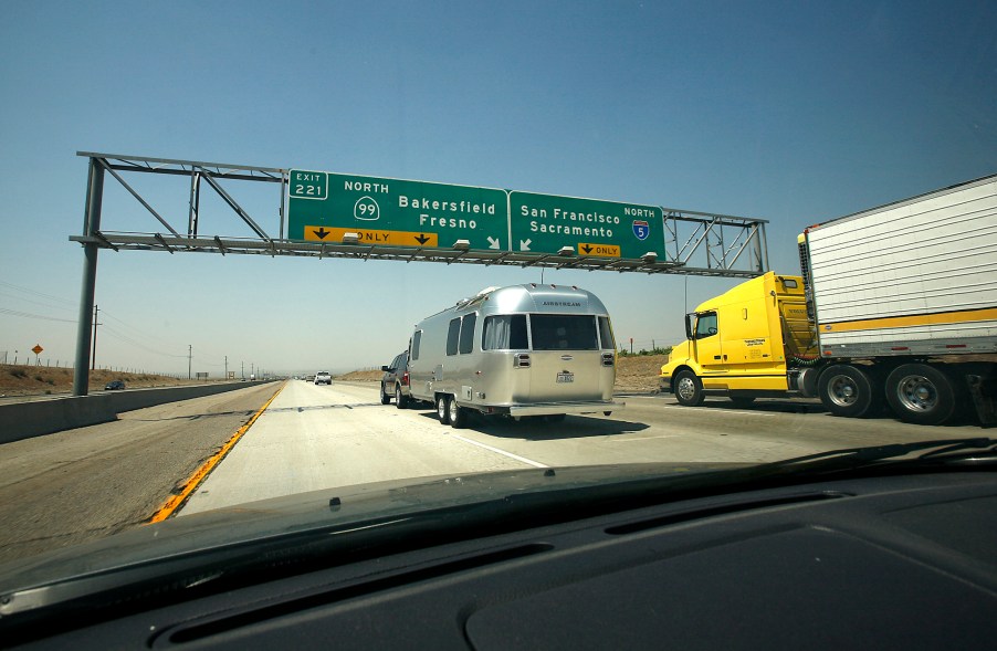 An Airstream travel trailer on the road to Yosemite National Park in California