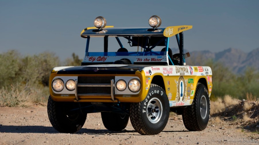 Big Oly 1969 Ford Bronco Baja 1000 winner front 3/4 view