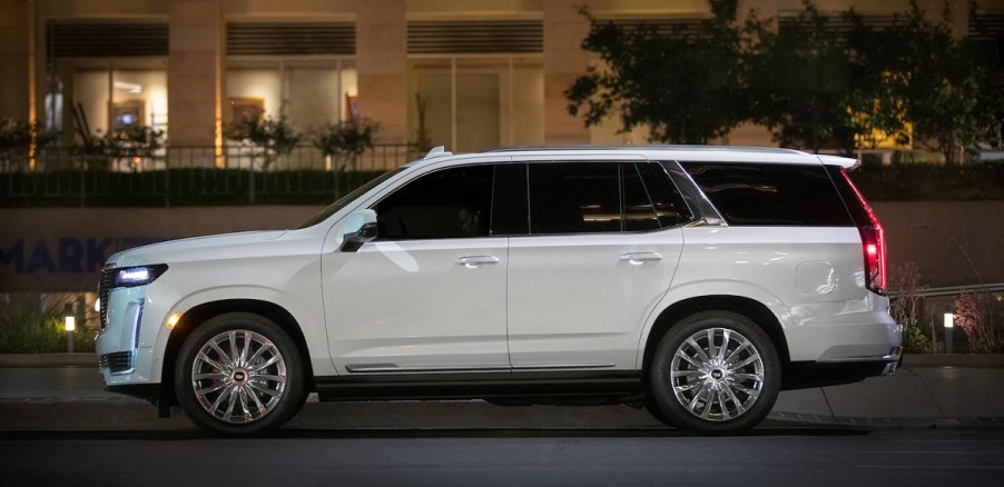 A 2021 Cadillac Escalade is parked on a street.