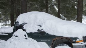 A green Dodge Dakota pickup truck under the snow