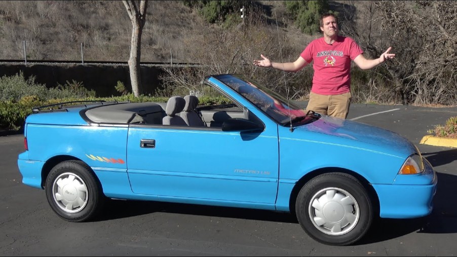 Doug DeMuro with a blue 1992 Geo Metro LSi Convertible