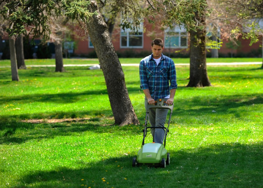 A young man demonstrating an electric lawn mower