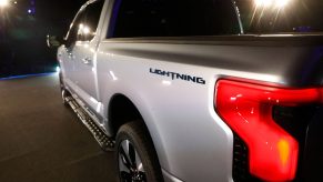 Ford Motor Company unveils their new silver electric F-150 Lightning outside of their headquarters in Dearborn, Michigan