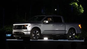 Ford Motor Company' unveils its new electric silver Ford F-150 Lightning outside of their headquarters in Dearborn, Michigan