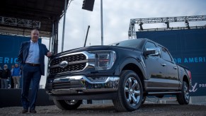 Executive Chairman of Ford Bill Ford poses for a photo with the 2021 Ford F-150 King Ranch Truck at the Ford Built for America event at Ford’s Dearborn Truck Plant