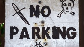 A 'No Parking' sign in Santa Fe, New Mexico, is embellished with threatening images including a skull-and-crossbones and a vicious dog.