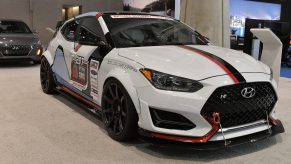 The white Hyundai Veloster N is seen at the 2019 New England International Auto Show Press Preview at Boston Convention & Exhibition Center