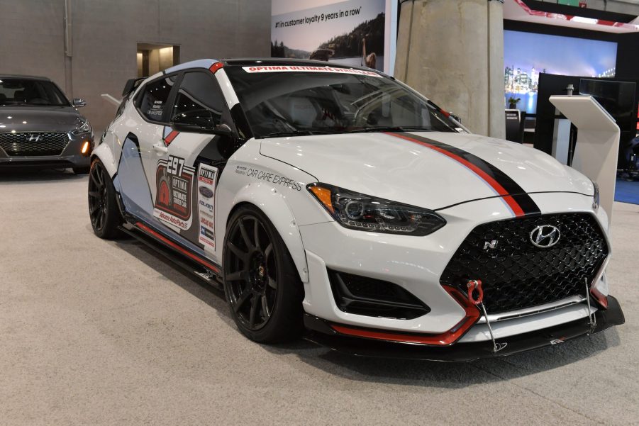 The white Hyundai Veloster N is seen at the 2019 New England International Auto Show Press Preview at Boston Convention & Exhibition Center