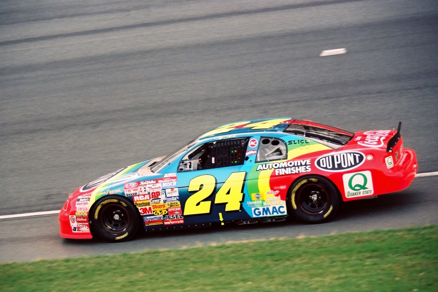 Jeff Gordon and his rainbow Chevrolet during a 1997 NASCAR race.