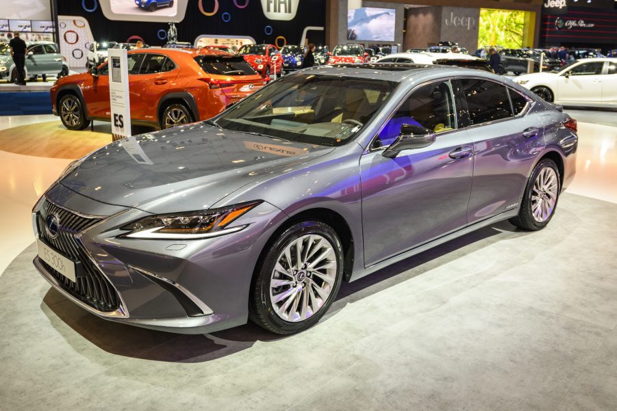 Gray Lexus ES 300h luxury hybrid sedan on display at Brussels Expo