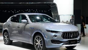 A gray Maserati Levante car is displayed during the 19th Shanghai International Automobile Industry Exhibition, also known as Auto Shanghai 2021