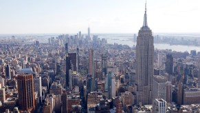 The view south to the Empire State Building, Lower Manhattan, and One World Trade Center from the new SummitOV observation deck under construction at One Vanderbilt on May 14, 2021, in New York City