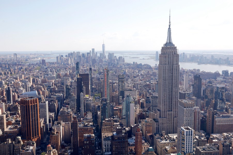 The view south to the Empire State Building, Lower Manhattan, and One World Trade Center from the new SummitOV observation deck under construction at One Vanderbilt on May 14, 2021, in New York City