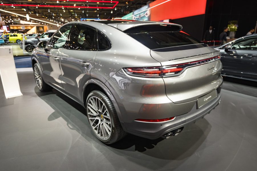 Gray Porsche Cayenne Coupe luxury performance SUV on display at Brussels Expo