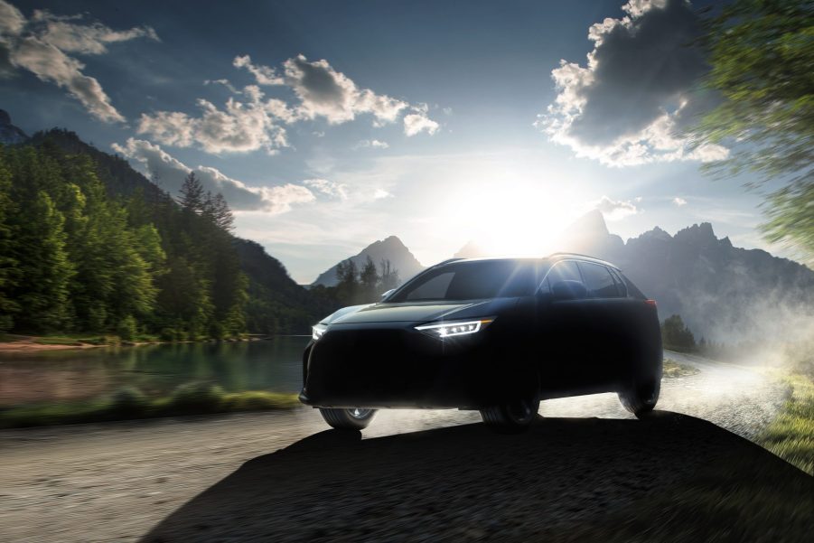 a backlit photo of the 2023 Subaru Solterra EV SUV