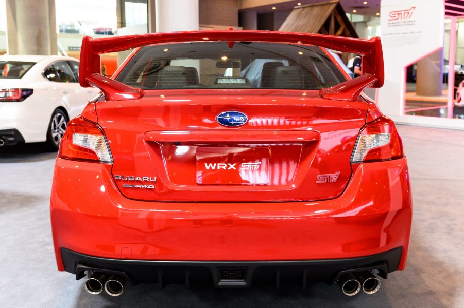 Red Subaru WRX STI seen at the New York International Auto Show