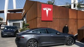 A gray Tesla Inc. Model S electric vehicle at the automaker's showroom in Shanghai, China