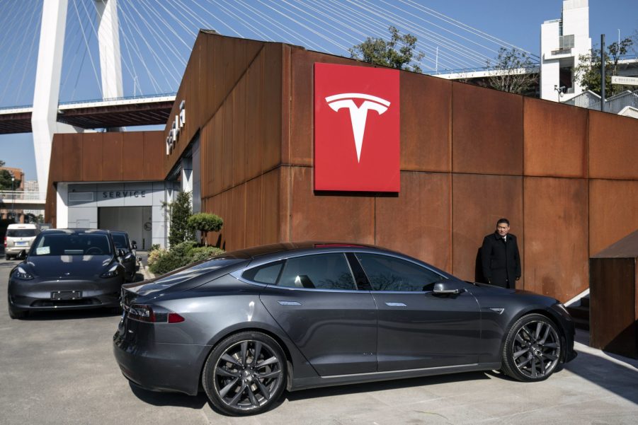 A gray Tesla Inc. Model S electric vehicle at the automaker's showroom in Shanghai, China