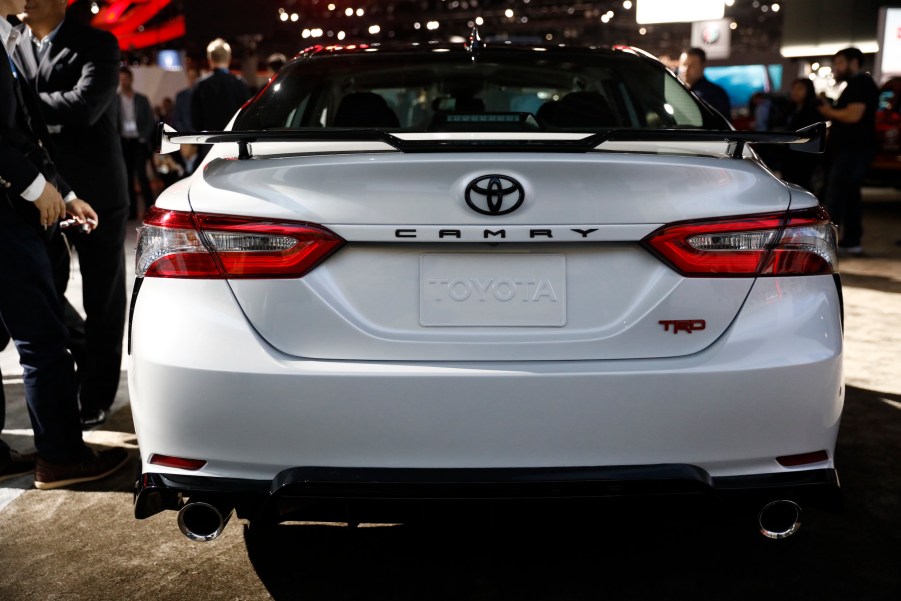 The rear of the white Toyota Motor Corp. Camry TRD vehicle is displayed during AutoMobility LA