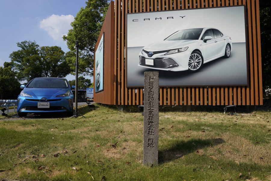 A blue Toyota Motor Corp's Prius vehicle is displayed outside the company's Tsutsumi plant in Toyota City, Aichi Prefecture, Japan