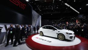 The white Subaru WRX STI S209 is revealed at the 2019 North American International Auto Show during Media preview days