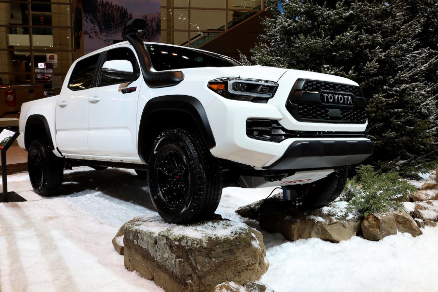 A white Toyota Tacoma pictured at an auto show.