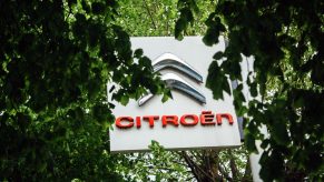 A citroen sign through the trees