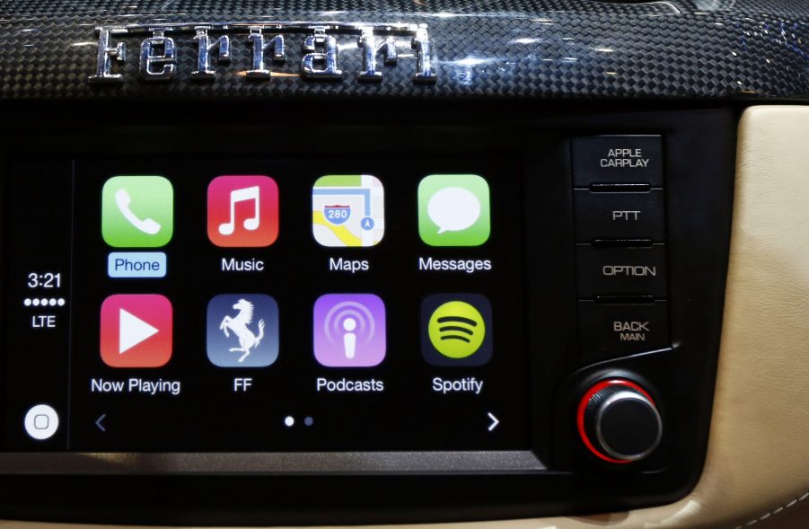 Apple CarPlay shown on the infotainment screen of a new Ferrari FF