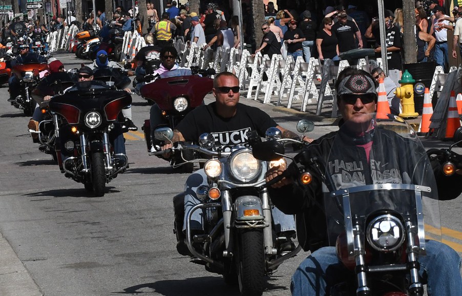 Motorcyclists ride down Main Street during the 80th-annual Daytona Beach Bike Week on March 10, 2021