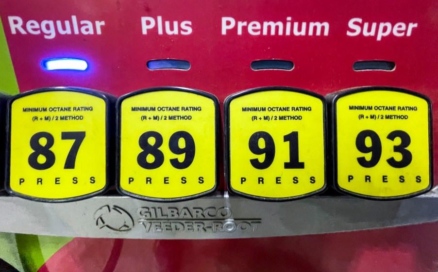 A detail photo of the buttons to select the octane level of fuel at a gas pump