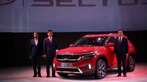 red kia seltos on display