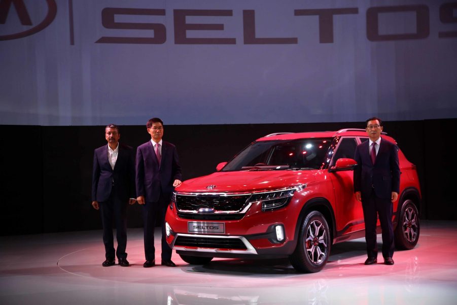 red kia seltos on display