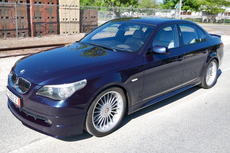 A blue 2005 BMW Alpina B5 in a parking lot