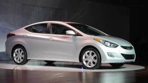 A silver 2011 Hyundai Elantra at the LA Auto Show in Los Angeles on November 18, 2010